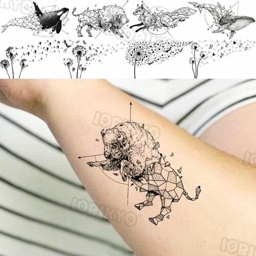 Geometric Cow Temporary Tattoos Small For Women Men Realistic Fox Whale Dandelion Fake Tattoo Sticker Arm Leg Tatoos Waterproof