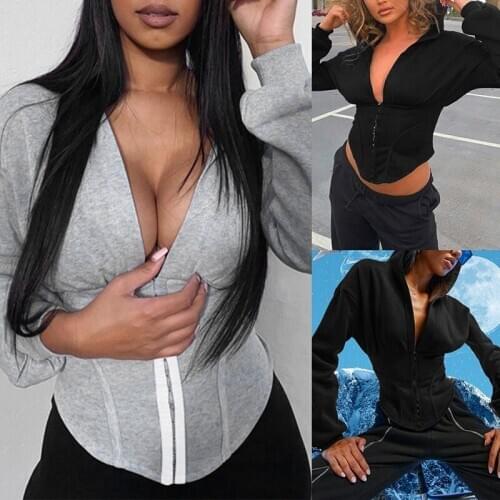 Women Spring Autumn Long Sleeve Zip Hoodies Casual Solid Sweatshirt Sexy Slim Corset Sport Workout Gym Jacket