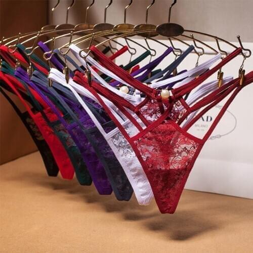 Sexy Cut-out Perspective Women Panties Underwear Lace Fashion Cross Belt Bundled Thong Pearl Decor G-string Embroidered Briefs