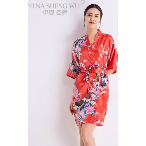 Woman Summer Dres Lace Up Peacock Print Japanese Kimono Yukata Mid-length Style Sleepwear Home Nightgown Bath Robe Gown Costumes