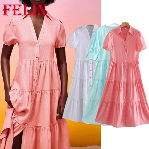 Za 2021 Fashion Summer Chic Pink Shirt Dress Women Short Sleeve Single Button Ruffles Midi Dress Stylish Loose Mujer Vestidos