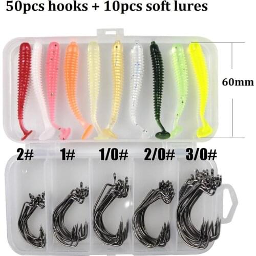 60Pcs Random Color T-Tail Artificial Worm Bait Soft Lure + Fish Hooks Fishing Tackle with Box
