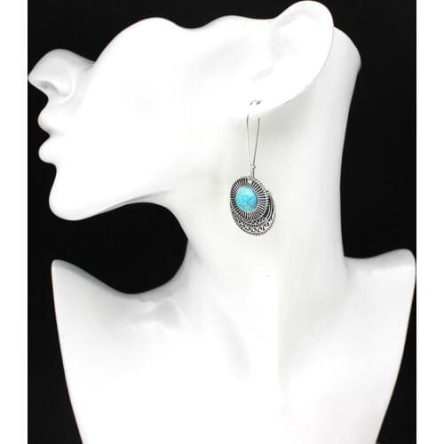 Bohemian Retro Silver Circular Hollow Earrings Inlaid With Blue Natural Stone Long Ear Hook Drop Earrings Creative Jewelry