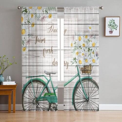 Farm Fresh Bicycle Daisy Plank Flower Voile Tulle Sheer Curtains for Bedroom Living Room Kitchen Decor Chiffon Windows Curtain