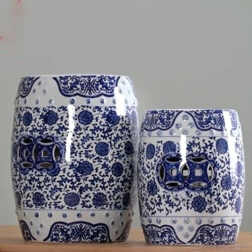 Chinese Blue & White Porcelain Drum Stool Pier Bedroom Dressing and Shoe Changing Stool Bathroom Living Room Chair