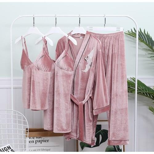 Casual Women Velour Sleepwear Nightgown 4PCS Pajamas Suit Home Clothing Pink Lace Sleep Set Autumn Winter Velvet Nightwear