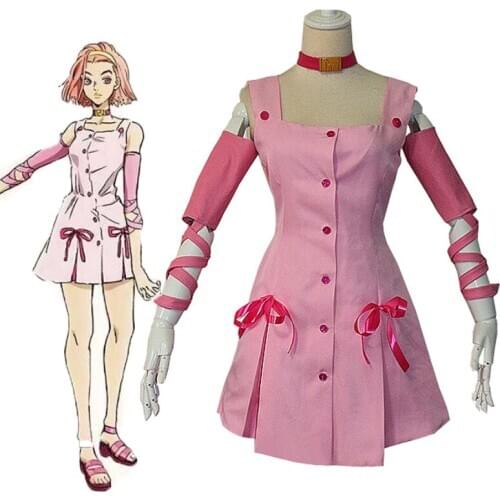 AnimeJojo bizarre adventure movie sugimoto reimi cosplay costume pink dress halloween carnival wig accessory