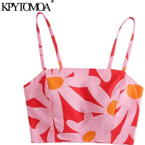 KPYTOMOA Women 2021 Fashion Floral Print Y2K Cropped Tank Tops Vintage Backless Elastic Thin Straps Female Camis Mujer