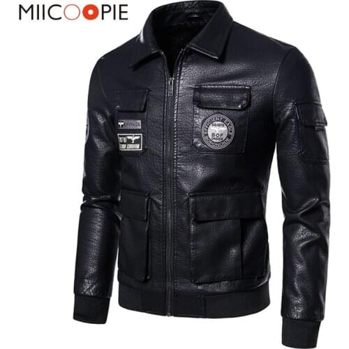 Men Jacket Casual Jaqueta Punk Top Quality Badge Multi-pocket Pilot Bomber Jacket Mens Motorcycle PU Leather Jackets Veste Homme