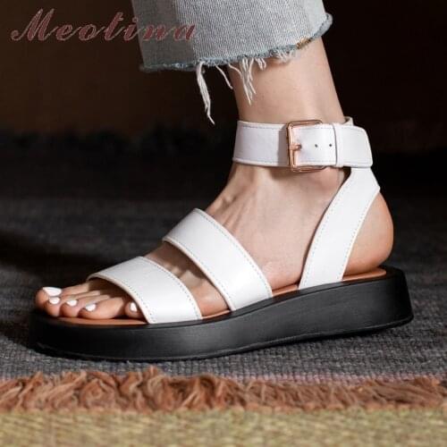 Meotina Women Sandals Genuine Leather Gladiator Shoes Ankle Strap Flat Platform Sandals Buckle Strap Lady Footwear Summer White