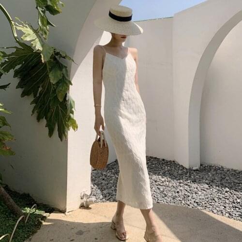 Fashion Summer Korean Vintage Sleeveless Maxi Party Dress Ladies OL Elegant Robe Casual Sexy Strap Glitter Beach Vacation Dress