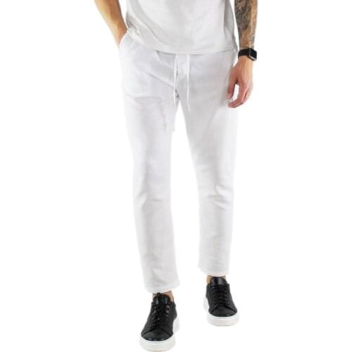 Mens trousers white linen baggy Capri summer elastic Slim Fit Pantalaccio comfortable lightweight