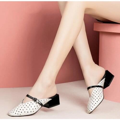 White PU Leather Mid Heel Women Slippers Summer Outside Wear Comfortable Mules Shoes 2021Fashion Pointed Top Designer Slides