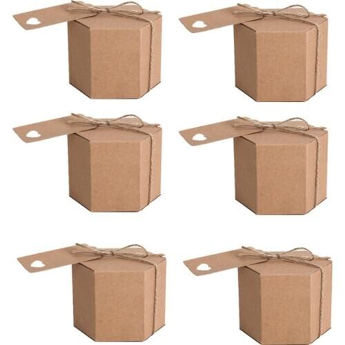 New 50Pcs Kraft Paper Candy Box, Hexagonal Carton Candy Box Gift Box, with Twine and Tag, Wedding Party Supplies