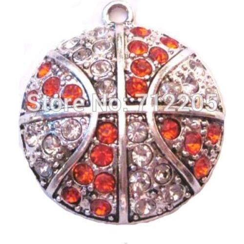 New Arrival 50pcs antique silver color Basketball Orange and Clear crystal sports Pendant(P10009)
