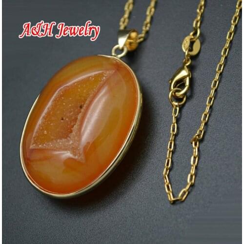 5pcs Oval Shape Orange Natural Drusy Stone With Gold Copper Surround Pendant Necklace 16'' Fashion Women Jewelry