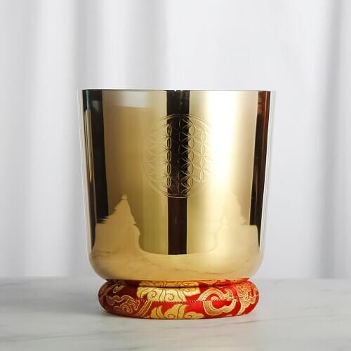 Titanium plated gloden color Quartz Crystal Singing Bowl with flower of life for sound healing 4th octave note