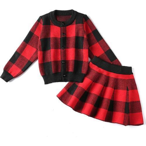High Quality Toddler Girls Clothing Sets Autumn Long Sleeve Plaid Single-breasted Sweater Cardigan Coat+Knitted Tutu Skirt Suits