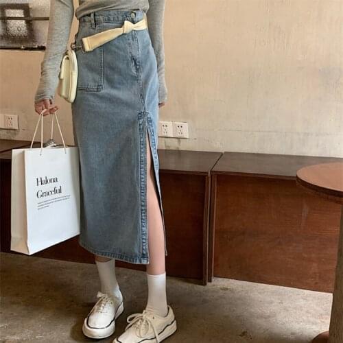 Temperament Split Denim Skirt Female Summer New Style Skirt Korean Version of The High Waist Thin Package Hip Skirt Long Skirt