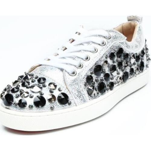 2018 Summer Silver Black Crystal Leather Shoes For Woman Flat With Lace Up Casual Handmade Shoes Thick Heels Breathable Flats