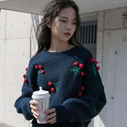3D Cherry Plush Ball Decoration Sweater Womens Pullover Sweet Casual Loose Knit Jumpers Sweater Coat Harajuku Female Sweater