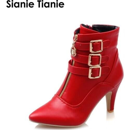 Sianie Tianie Shoes Women Boots Winter High Heels Ankle Boots Pointed Toe Buckle Martin Boots Zip Ladies Shoes White Big Size 44