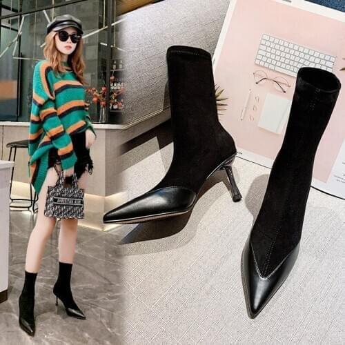 Women Shoes 2020 New Suede Middle Heeled Boots Web Celebrity Lean Boots Pointy Slim-Heeled Elastic Ankle Boots Winter Boots