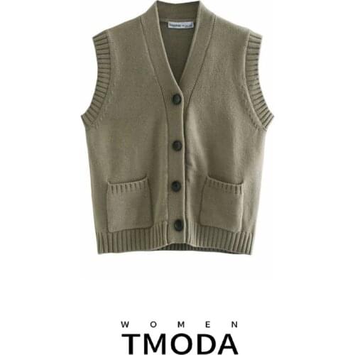 TMODA824 2021 Za Women V Neck Sleeveless Vest Sweater Pockets Loose Jumper Knitted Casual Autumn Winter Oversized Cardigans Tops