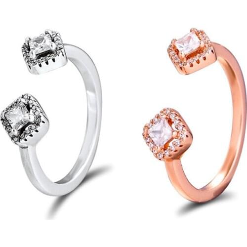 Square Sparkling Open Ring Jewelry 925 Sterling Silver Female Rings for Women Fashion Silver & Rose Golden Ring for Girl Wedding
