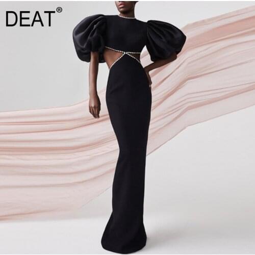 DEAT Women High Quality Black Short Sleeve Floor-length Backless Round Neck Temperament Dress Summer New 2021 Fashion Tide