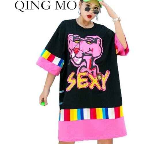 Vefadisa Large size Women Dress 2020 Summer Mid-length Dress Short Sleeve Sequin Cartoon Letter Patchwork T-shirt Dress Loose