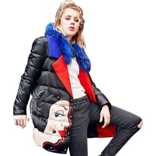 Winter Women Long Coat Cartoon Print Black Down Jacket Ladies Blue Natural Real Fur Collar Parka Thick Warm High Quality Jackets
