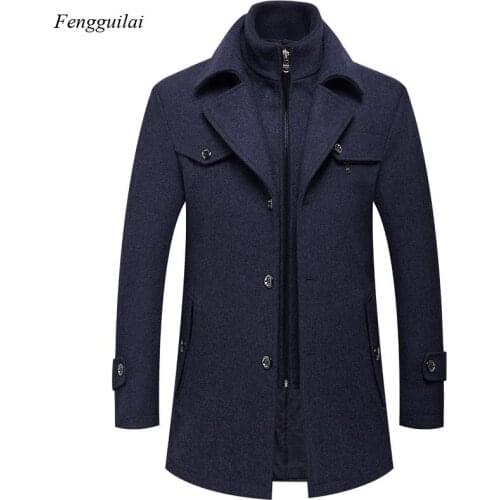 2021 Winter Mens Fashion Detachable Double Layer Solid Color Woolen Coat Mens Warm and Thick Woolen Coat