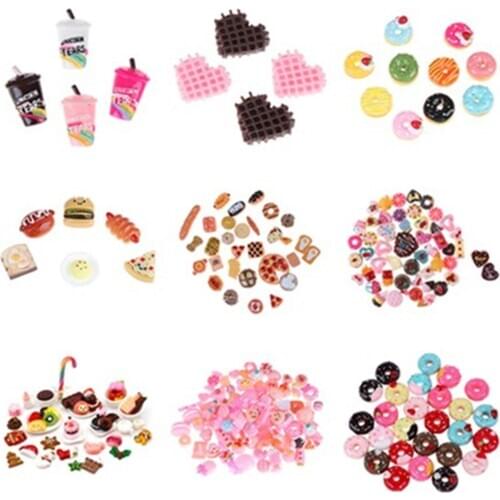 10Pcs Mini DIY Play Food Cake Biscuit Donut Cake Doll Miniature Pretend Toy Rainbow Coffee Cup Polymer Slime Charm Modeling Clay