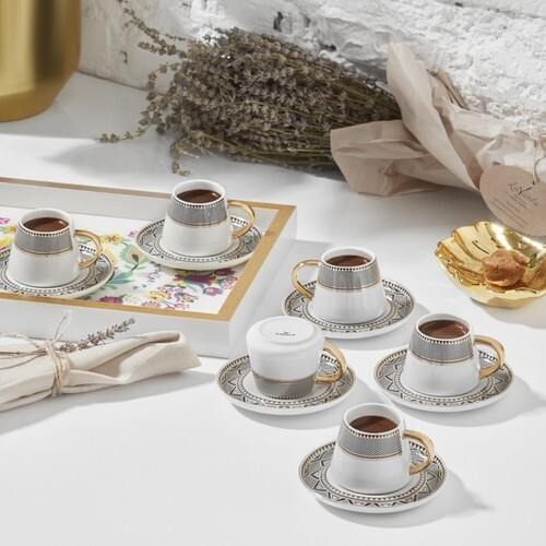 12 piece 6 coffee cup Pad Turkish coffee Espresso Cup Arab Coffee Coffee Cup Set Coffee Cup Ivory with Gold pattern