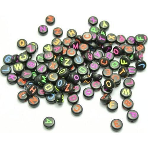 250 Assorted Black with Neon Color Acrylic Alphabet Letter Coin Beads 4X7mm