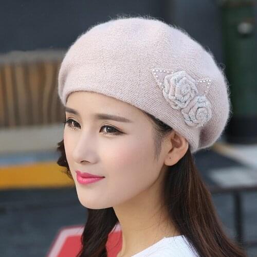Angora Beret Women Winter Beanie Knit Warm Flower Double Layers Soft Thick Thermal Snow Skiing Outdoor Accessory For Female