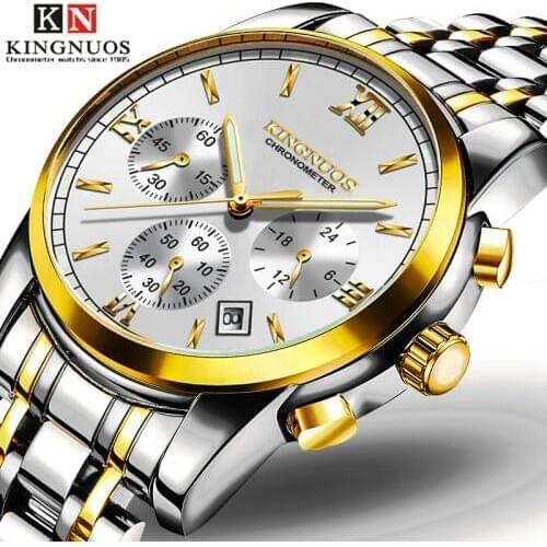 KINGNUOS Stainless Steel Waterproof Men Watch Fashion Dress Quartz Wrist Watch for Men Clock Non Automatic Business Mens Watch