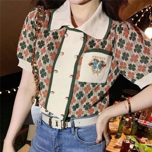 Four Leaf Jacquard Knit Women Blouses Cropped Tops 2021 Summer Vintage Tops Sweater Shirt Lapel Short Sleeve Blouse Blusas Mujer