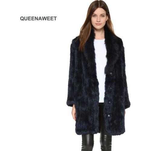 Long Real Knit Rabbit Fur Coat With Raccoon Fur Collar Jacket Warm Top Quality