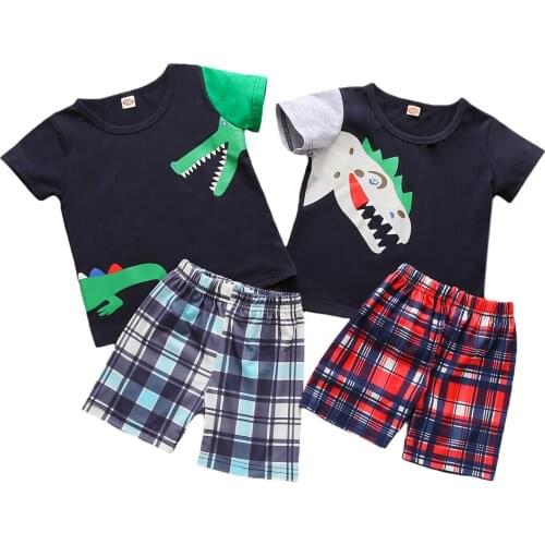 Infant Boys O-Neck Short Sleeve Shirt + Plaid Printing Pants Set Toddler Baby Cartoon Printing Two-Pieces Set Daily Wear 1-7T