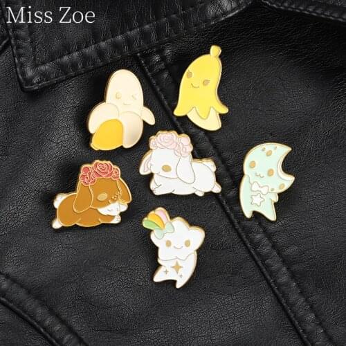 Cute Fruit Enamel Pin Crescent With Rabbit Flower Crown And Star Badges Banana Brooches Cute Animal Jewelry Gift For Best Friend
