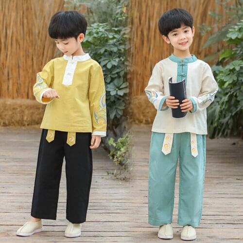 Boys Chinese National Style Sets Long Sleeve T-Shirt+Pants 2PCS Children Traditional Boy Tang Dynasty Hanfu Dragon Retro Clothes