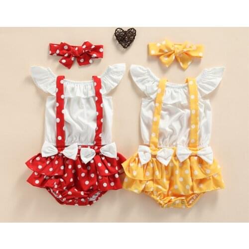 0-24M 3Pcs Baby Girls Summer Sweet Princess Outfits Ruffle Infant Tops + Bowknot Polka Dots Suspender Shorts + Headband Set