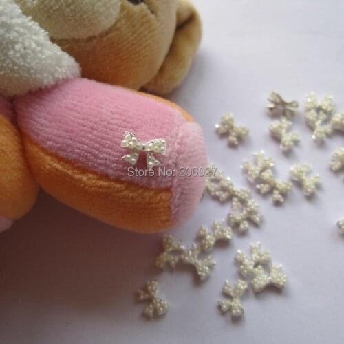 MD-252 10pcs Fancy White Pearl Silver Bow Deco Metal Charms Metal Deco Charms Nail Art