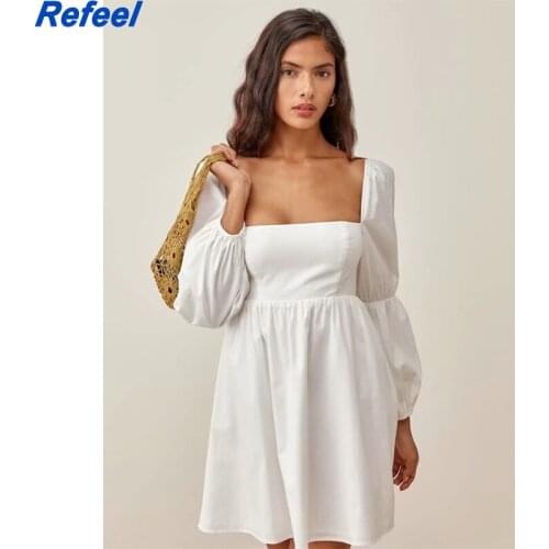 Women France Stule Square Collar Mini Dresses Women Summer Elegant Long Sleeve Sexy Summer Dress