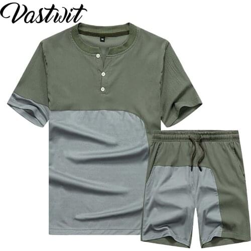 Mens Tracksuit 2Pcs Outfit Casual Running Jogging Suit Summer Short Sleeve T-Shirt and Shorts Set