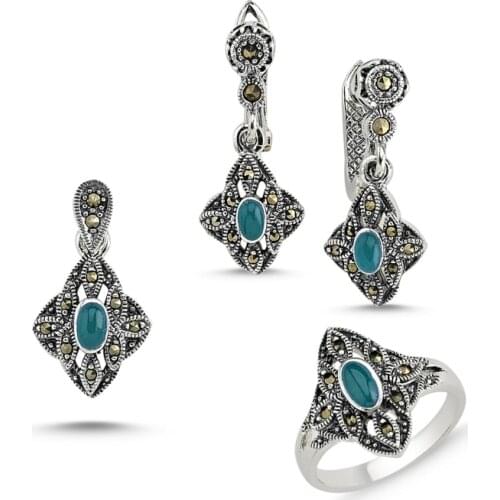 Silver 925 Sterling Marcasite Pendant Earring & Ring Set
