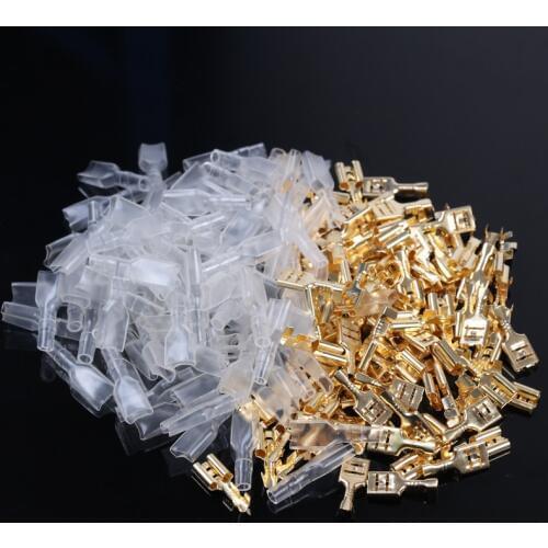 200Pcs Female Crimp Terminal Connector 2.8/4.8/6.3mm Gold Brass Car Speaker Electric Wire Connectors Set 22-16 AWG