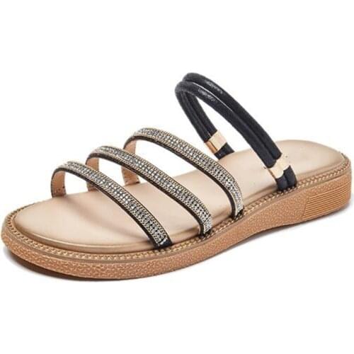 Summer Popular 2020 New Microfiber Rhinestone Fashion Sandals Fashion Casual Sandal Slippers Light Soft Comfort Women Flat Shoes